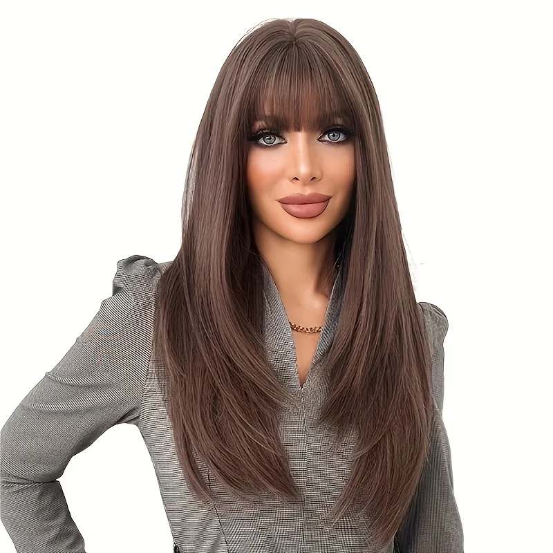 

Прохладный коричневый 24-дюймовый женский длинный прямой парик с коричневой челкой - термостойкий синтетический парик