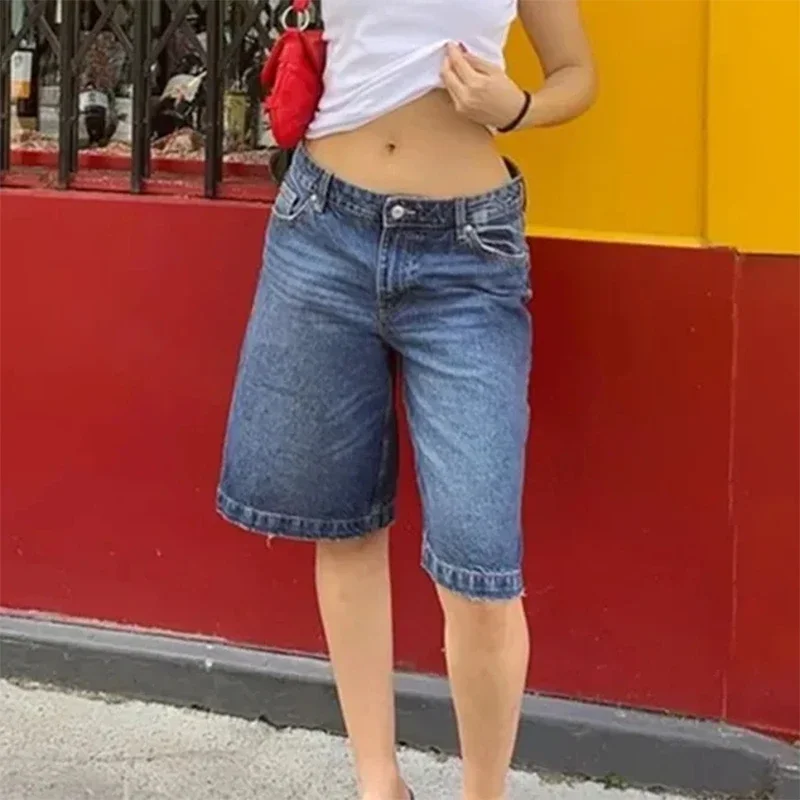 Y2k الجمالية برمودا الدنيم السراويل 90s خمر منخفضة الارتفاع واسعة الساق طول الركبة نجار شورت جينز النساء البقرة فتاة فضفاض الجورت