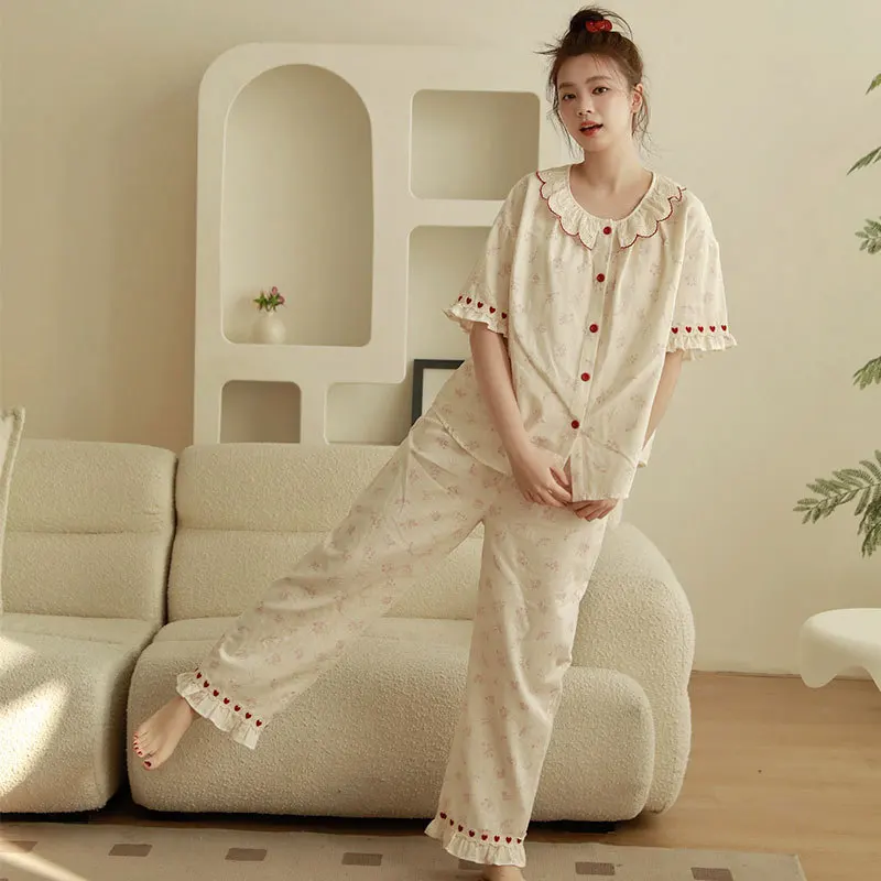 Ladies' Ultra-Soft A-Grade Cotton Loungewear, Lightweight Heart Print Ruffled Collar Top & Cozy Long Pants Home Wear PJs