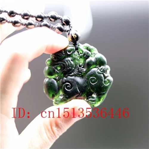 Carved Chinese Black Green Jade Qilin Pendant Natural  Beads Necklace Charm Jewellery Fashion Lucky Amulet Gifts for Men