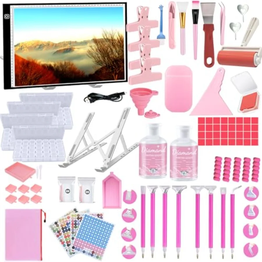 

244Pcs Diamond Art Accessories Kit All-Inclusive Diamond Painting Tool Set with Diamond Painting Light PadDiamond Art Sealer Gl