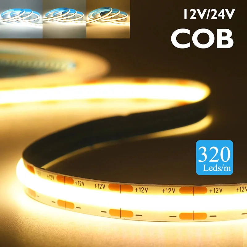 ไฟแถบ LED COB 12V/24V, แผงวงจรพิมพ์ 8 มม., 320 หลอด LED/เมตร, แถบไฟแบบยืดหยุ่นความหนาแน่นสูง เหมาะสำหรับตกแต่งห้องและบ้าน