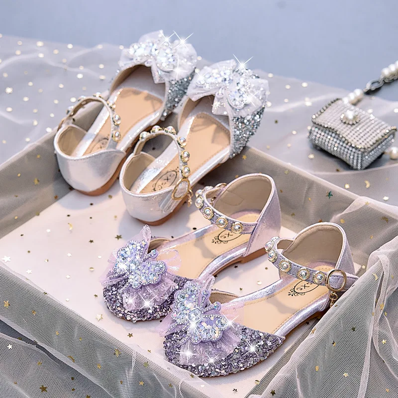 

Kids'Casual Shoes Crystal Sequin Princess Bow PU Leather Shoes Spring Shoes For Girls Anti-slip Purple Silver Shoes Size 21-36
