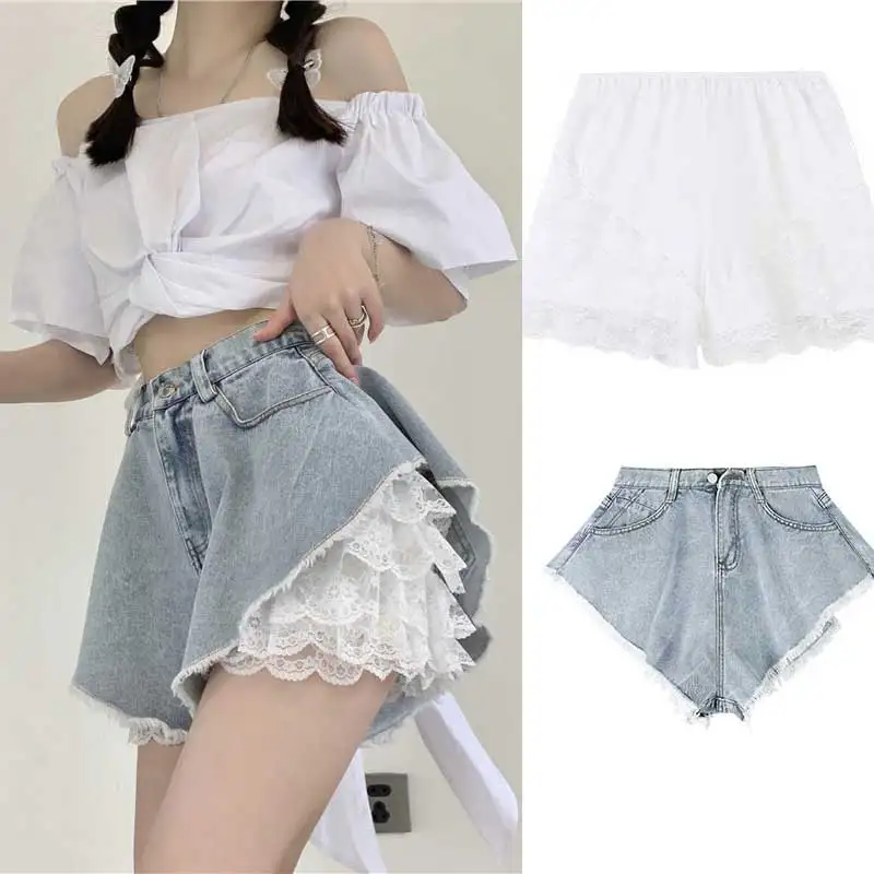 

Summer Sexy Denim Shorts Women Two Piece High Waist Jeans Fashion Streetwear Female Chic Wide Legs Short Pants