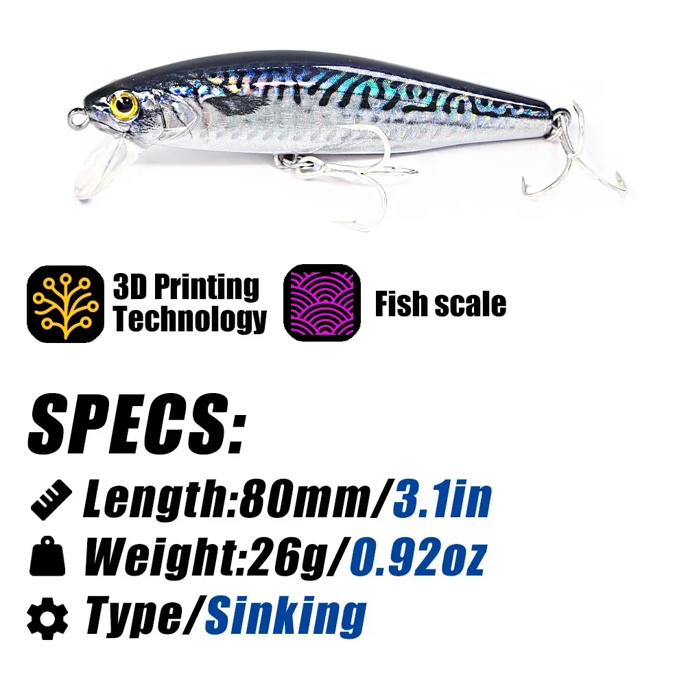 B&U 80mm Sinking Minnow Hard Lure Jerkbait Saltwater Long Casting Distance Fishing lures Sea Artificial Bait Wobblers Sea Bass