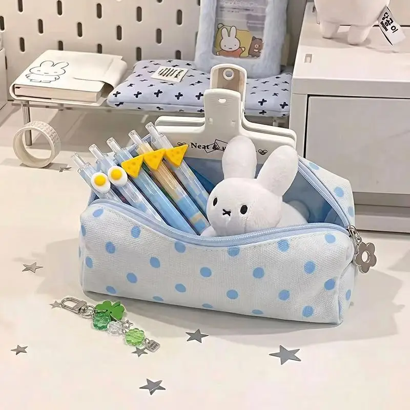 Cute Canvas Pencil Case With Blue Polka Dots And Flower Zipper Pull Perfect For Students School Stationery Storage