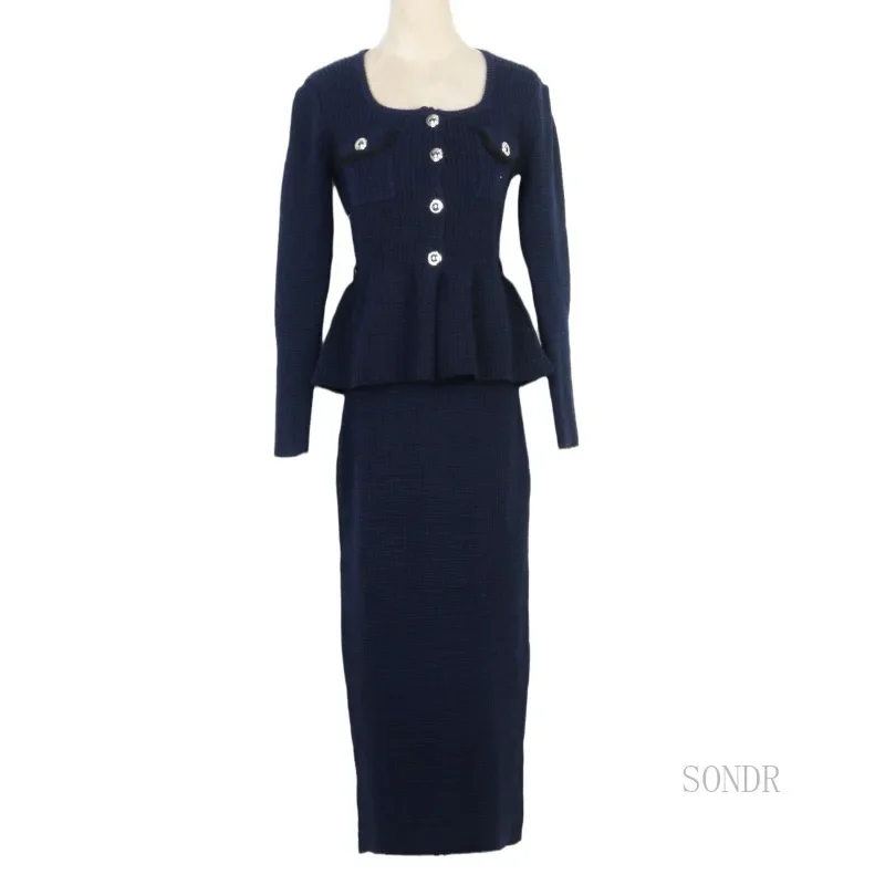 

Celebrity Style 2 Piece Sets Women Square Collar High Waist Ruffle Edge Sweater Top + Fishtail Long Step Skirt Sets Two-piece