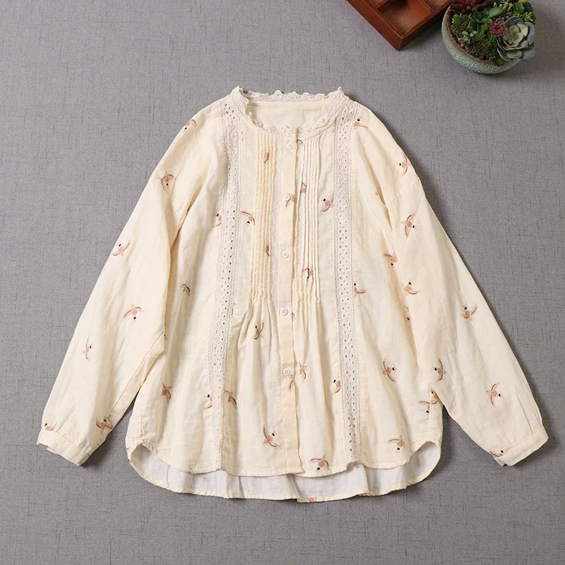 

Japan Style Mori Girl Literature Print Hollow Out Shirt Women O-Neck Long Sleeve Casual Loose Cotton Blouse Tops Mujer