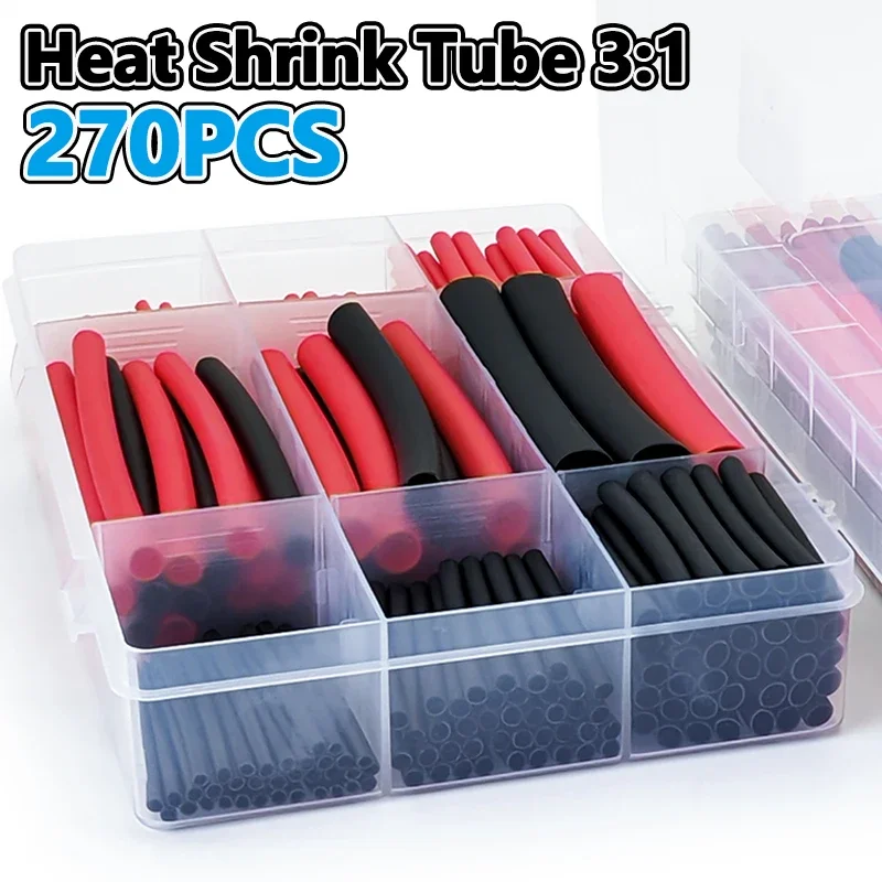 270Pcs 3:1 Shrinkable Polyolefin Heat Shrink Tube Black Red Waterproof Flame Retardant Sleeve Insulation Repair Kit