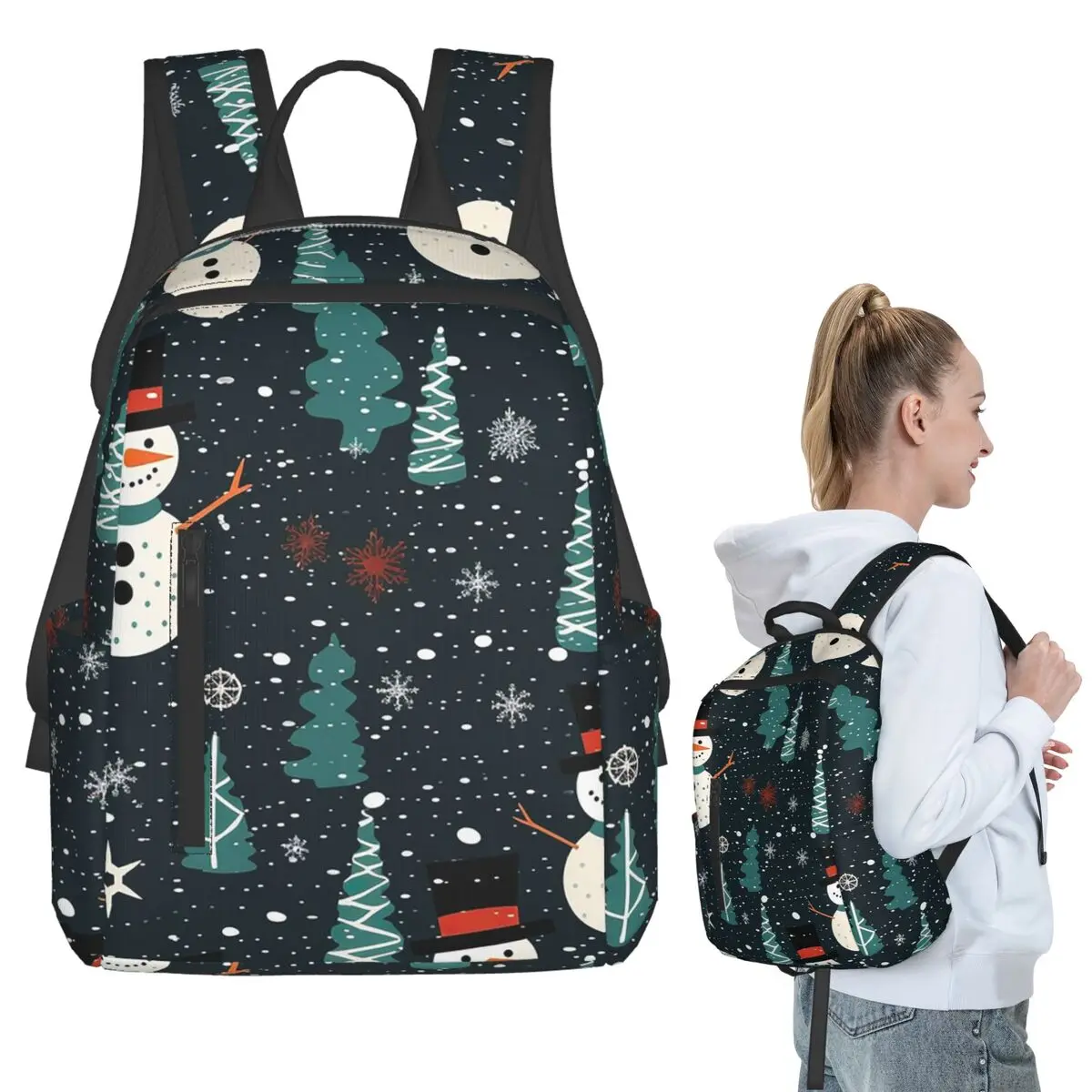 

Snowman And Christmas Tree In The Snow Backpack Student BookBag Kids School Bag Laptop Shoulder Bags Men Women