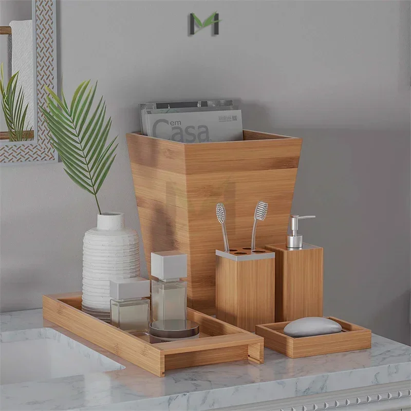 5-Piece Bathroom Decor Set - Bamboo Bathroom Accessories Set