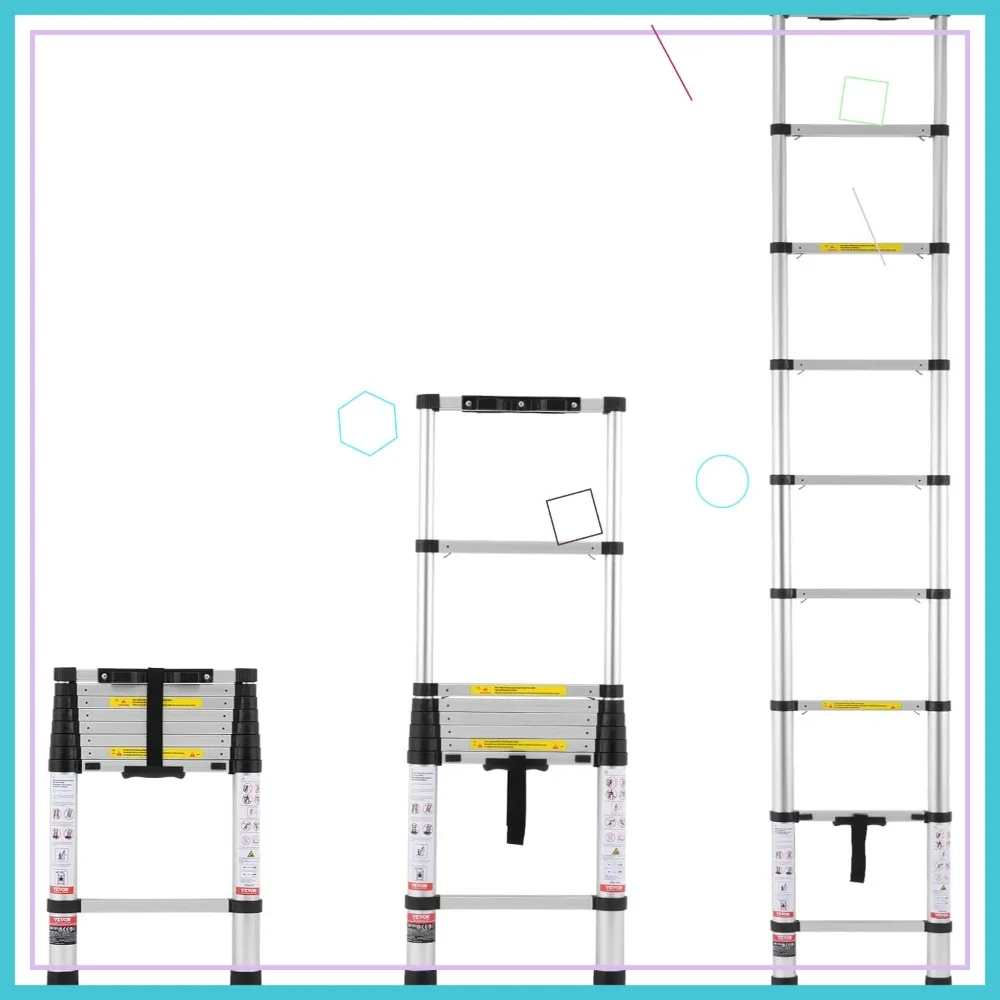 Escada telescópica de alumínio de 8,5 pés, retração de um botão, capacidade de 375LBS, pés antiderrapantes para uso doméstico/RV