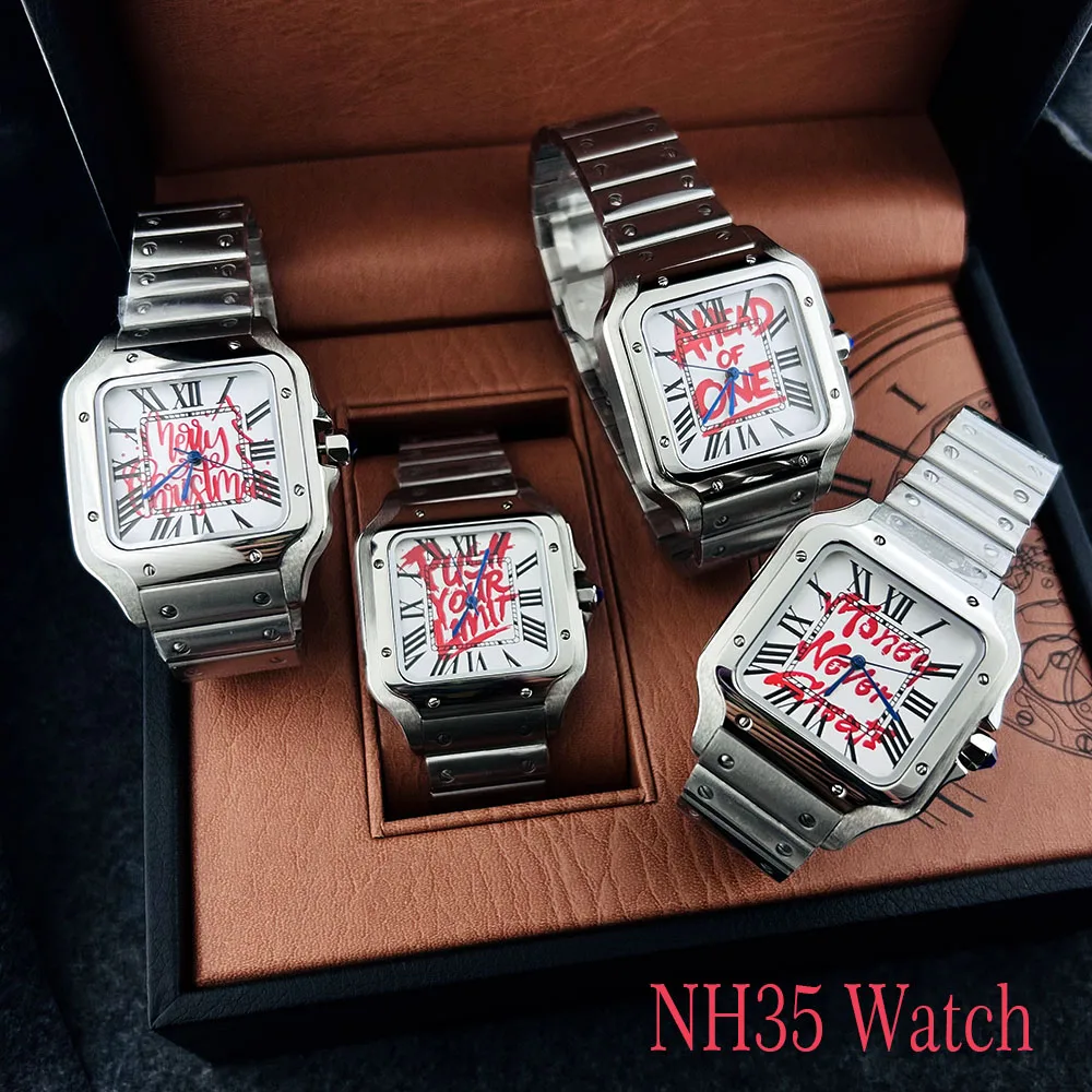 

NH35 watch Merry Christmas Men's watch square dial stainless steel folding buckle, suitable for NH35 movement watch accessories
