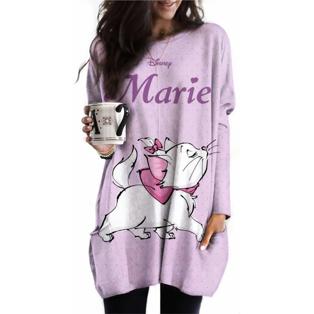 2024 New Women\'s Round Neck Long Sleeve T-shirt Disney Mary Cat Printed Long Sleeve Pocket T-shirt Women\'s Casual Street Clothin