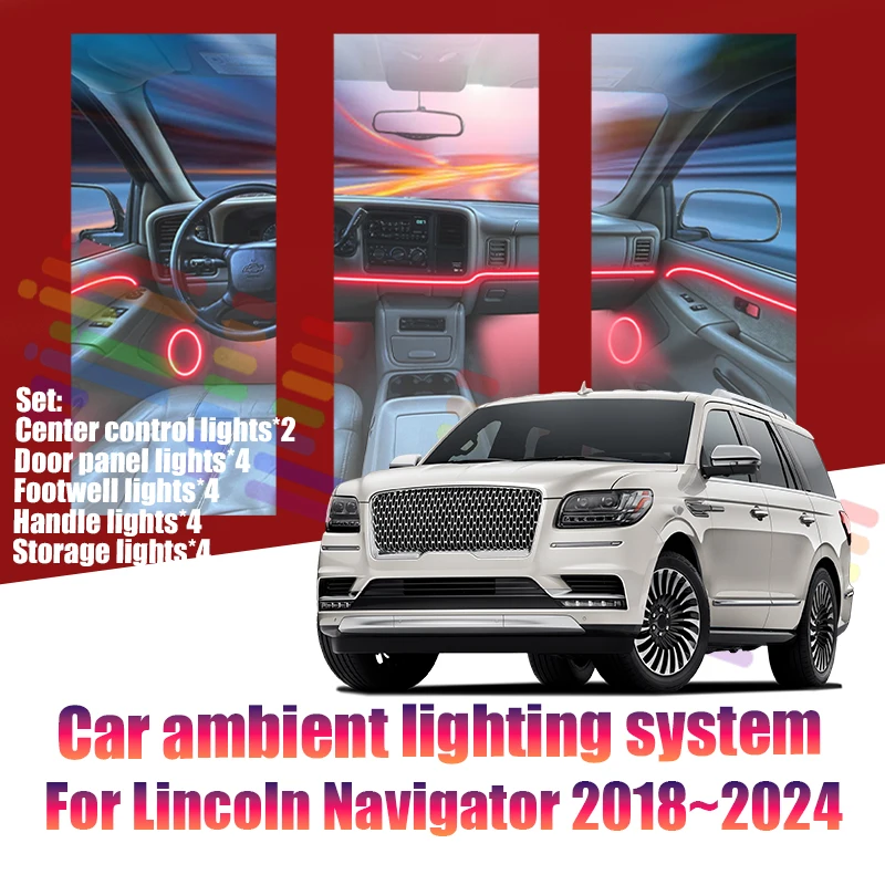 Luces LED Ambientales para Automóvil Lincoln Navigator 2018~2024 U554, Luces de Atmósfera Coloridas, Tira de Neón Interior para Automóvil, Iluminación RGB de 64 Colores