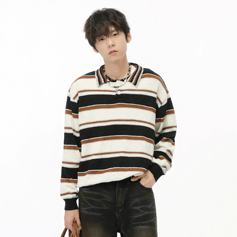 IEFB American Style Men\'s Sweaters Vintage Striped Contrast Color Turn-down Collar Loose Autumn Male Tops New Stylish 9C7434