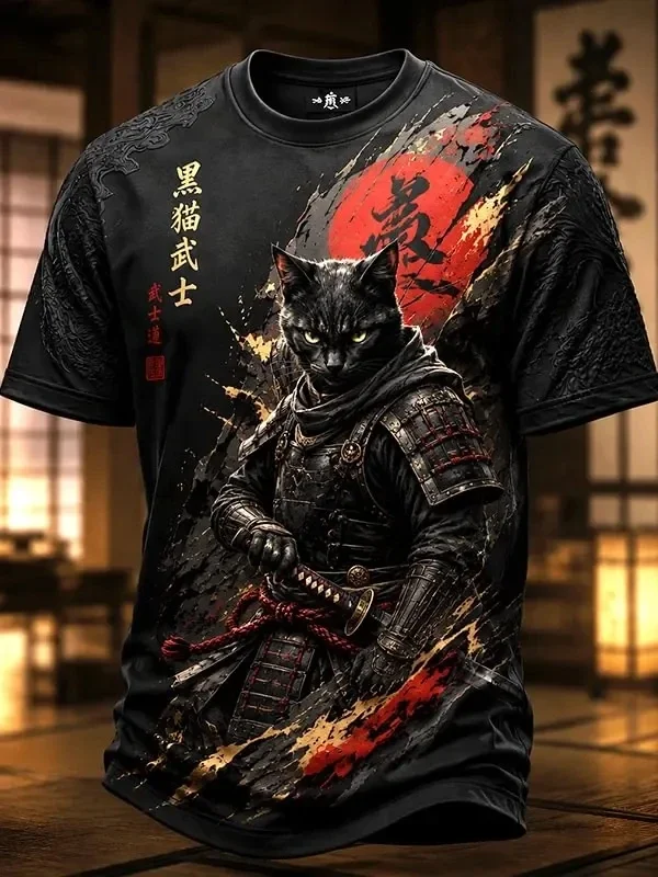 3D Black Cat Samurai Japanese Art Print T-shirt Fashion Cool Short Sleeve T Shirts Casual Harajuku Top Men's Streetwear T-shirt