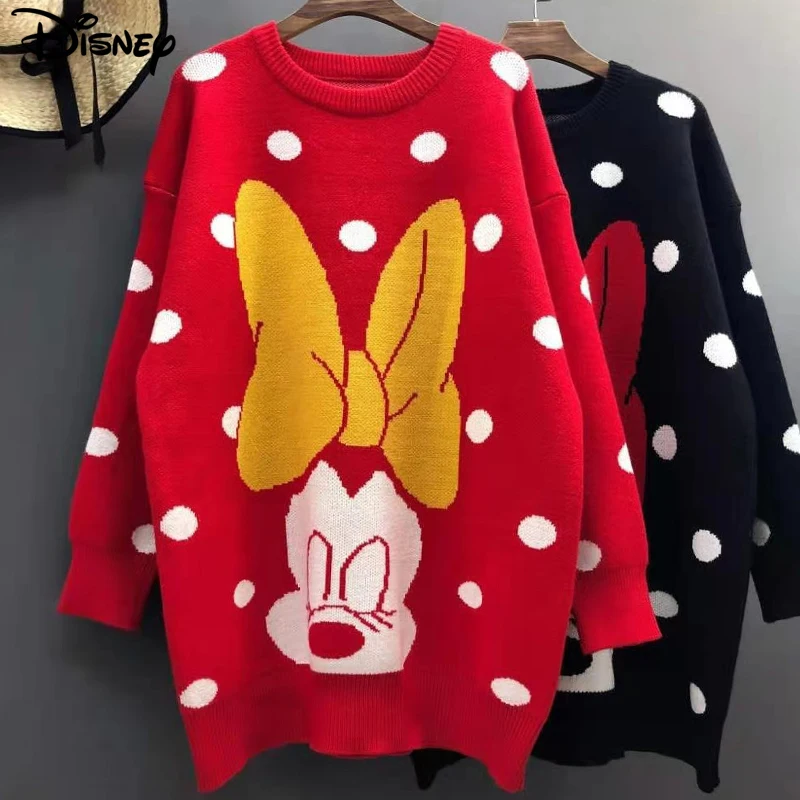 Disney 2022 New Arrival Top Fashion Beading Cotton O-neck Casual Cartoon Mickey Mouse Long Sleeve Loose Women Pullover Sweater