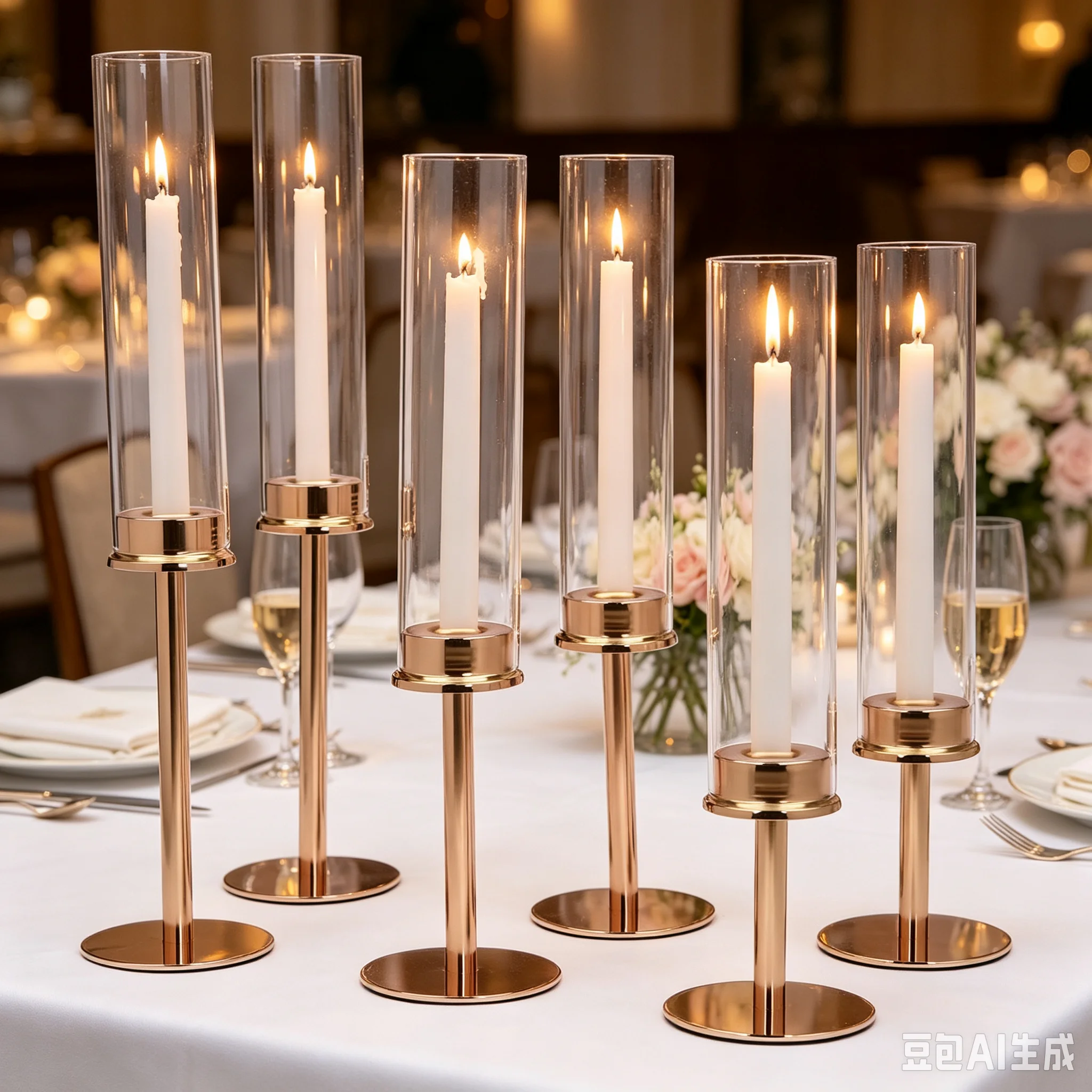 6pcs Candle Holder, Windproof Glass Pillar Holder, Gold Iron Different Heights Stand with Glass Cover Durable Decor for Party Table Centerpiece