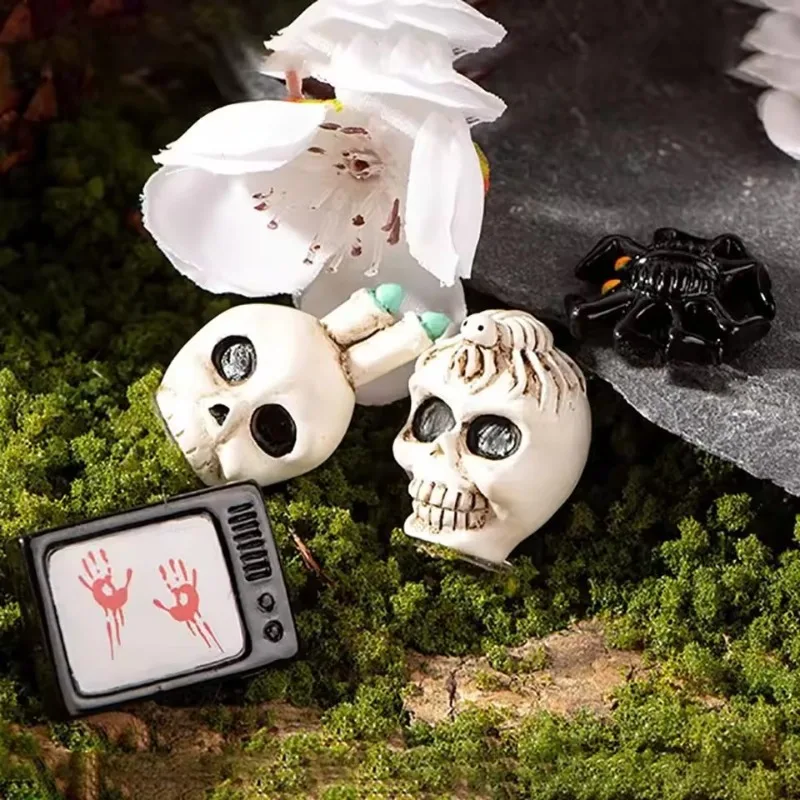 Mini Halloween Resin Figurines: Cartoon Scary Rabbit, Skull, Spider & Bat Statues with Candle Accents Perfect Fairy Garden Decor