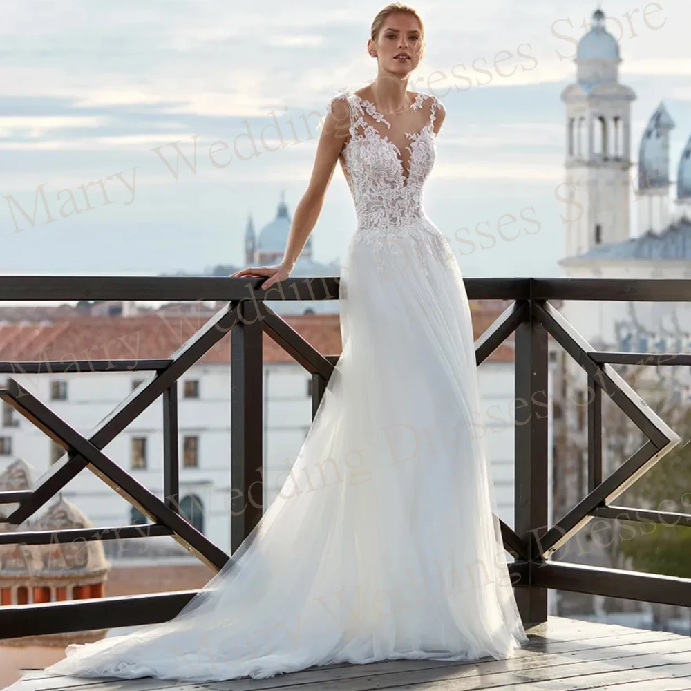 2024 affascinante o-collo una linea abiti da sposa da donna bellissime Appliques di pizzo abiti da sposa bottone senza schienale Tulle Robe De Mariee