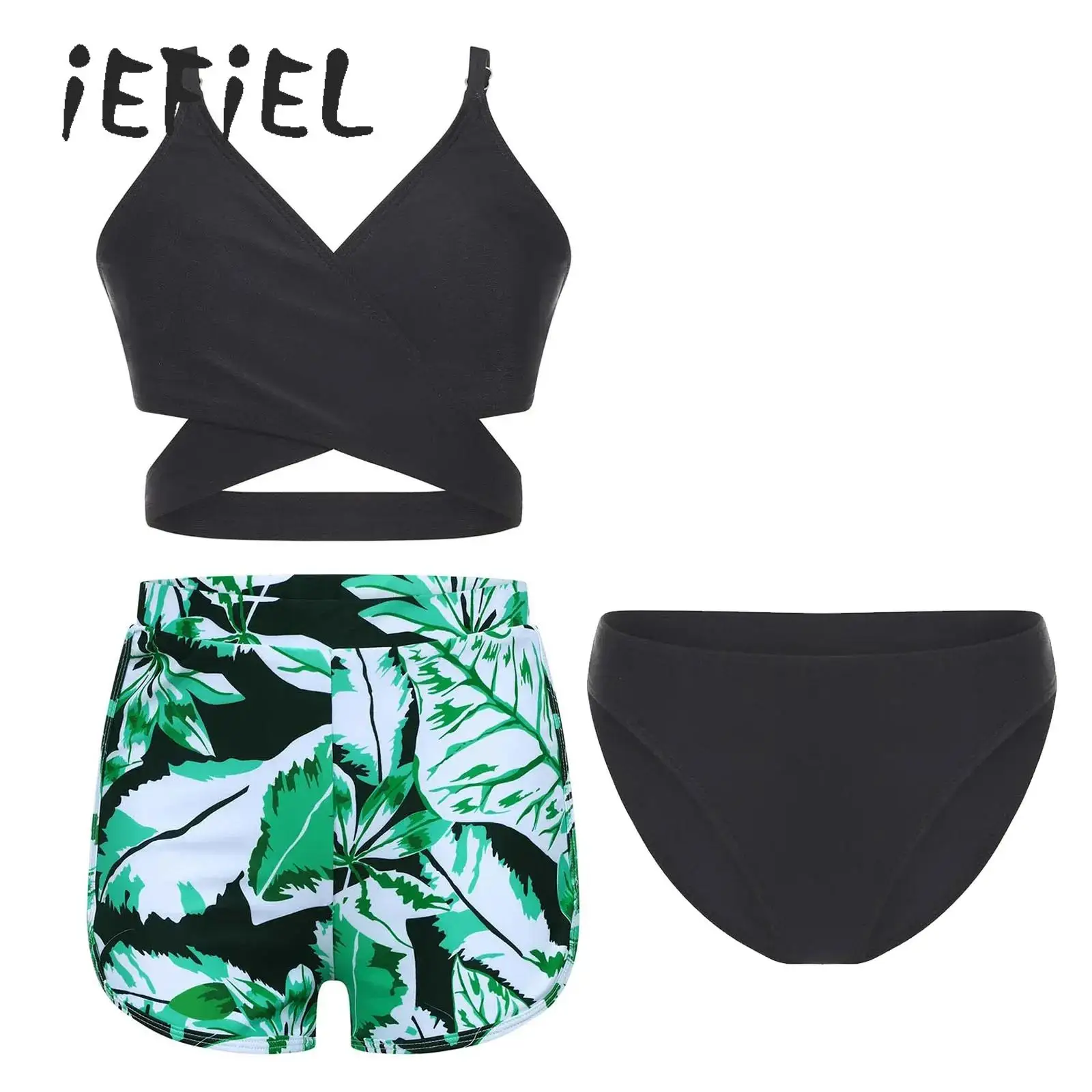 

Girls Bikini Tankini Set 3-Piece Adjustable Tank Top with Shorts and Briefs Swimsuit Swimwear Children Rash Guard Bathing Suit