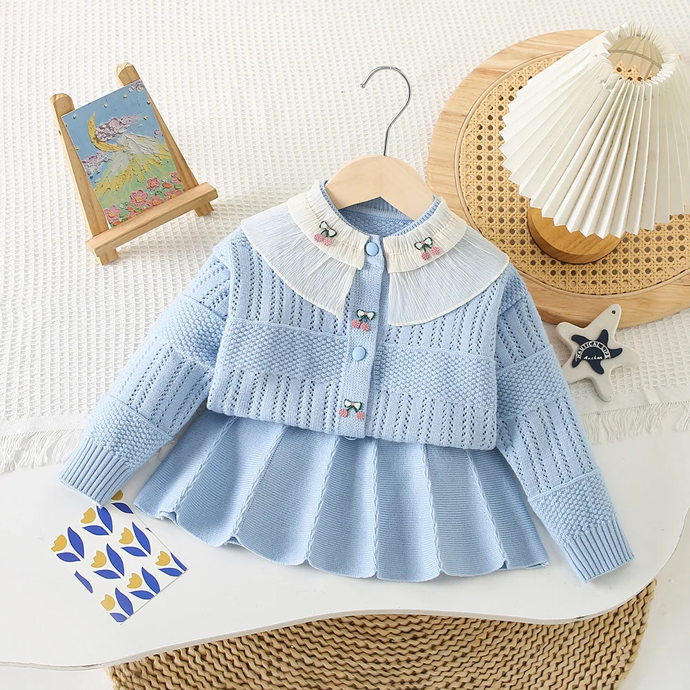 Children's Clothing Sets Cherry Embellished Lace Cardigan Top + Pleated Skirt Winter Clothes for Girls Knit Sweater Toddler