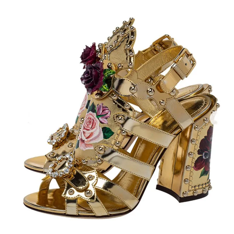 Rome Style Gold Print Flowers Peep Toe Summer Women Sandlas Chunky High Heels Buckle Strap Design Large Size Customized Shoes