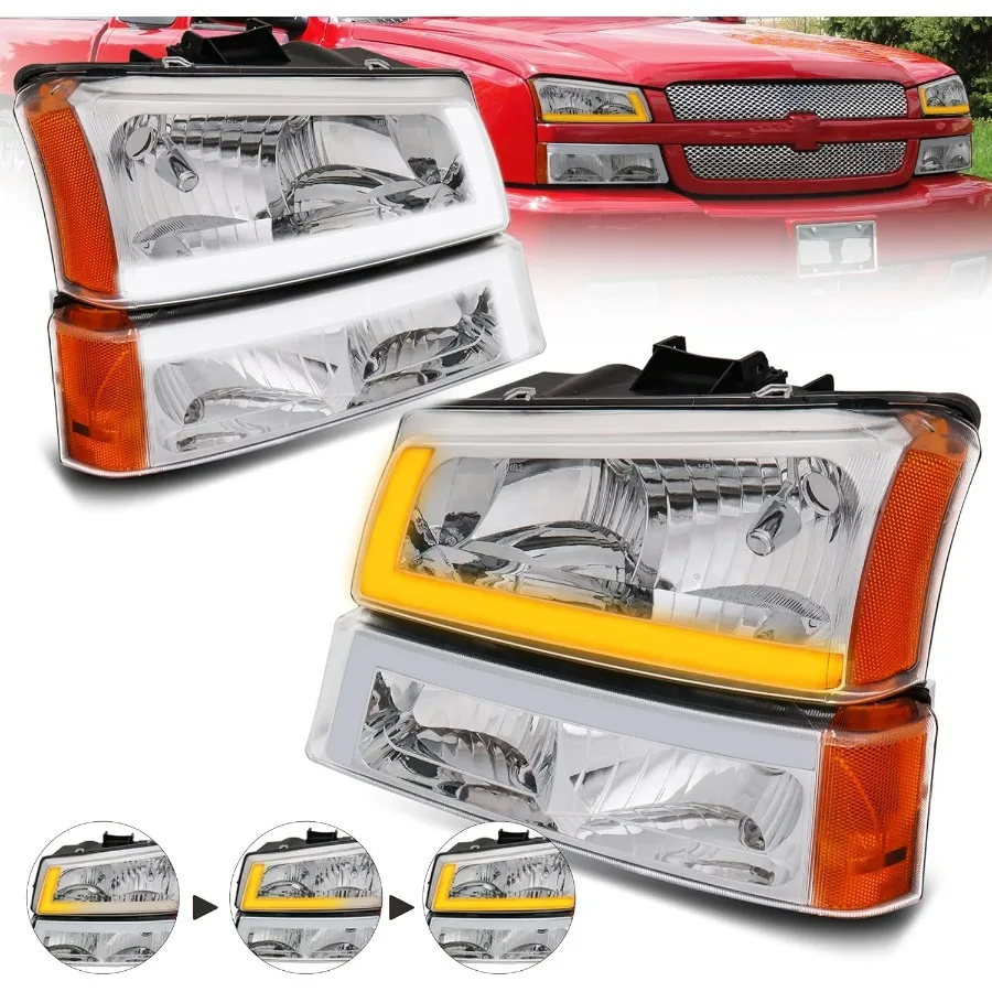 

Headlight Assembly Compatible with 2003-2006 Chevy Avalanche/03-2007 Chevrolet Silverado 1500 2500 3500 Led DRL Front Lamp w/Seq