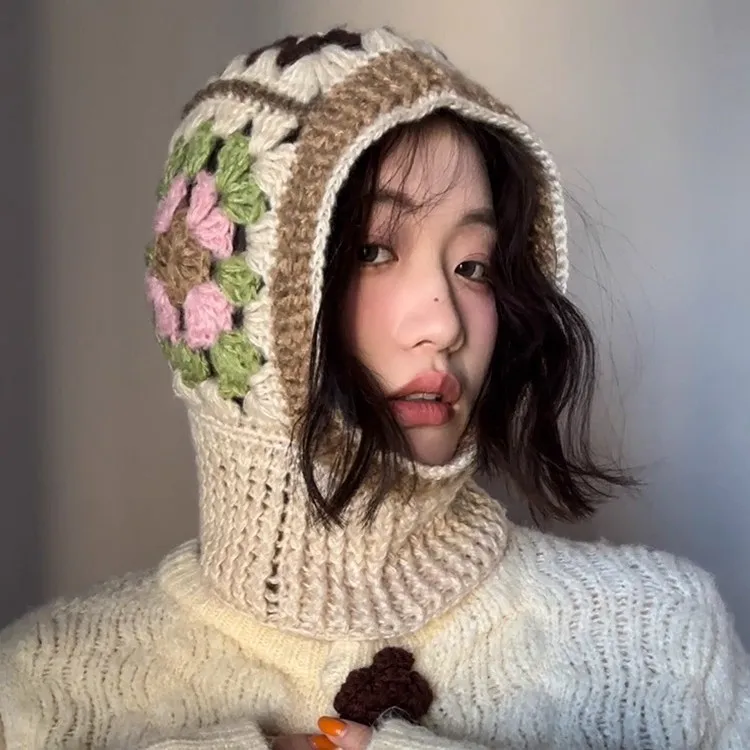 Crochet Balaclava Hat Women's Autumn and Winter Korean Version Warm Knitted Wool Hat Niche Neck Protection Bag Head Hat