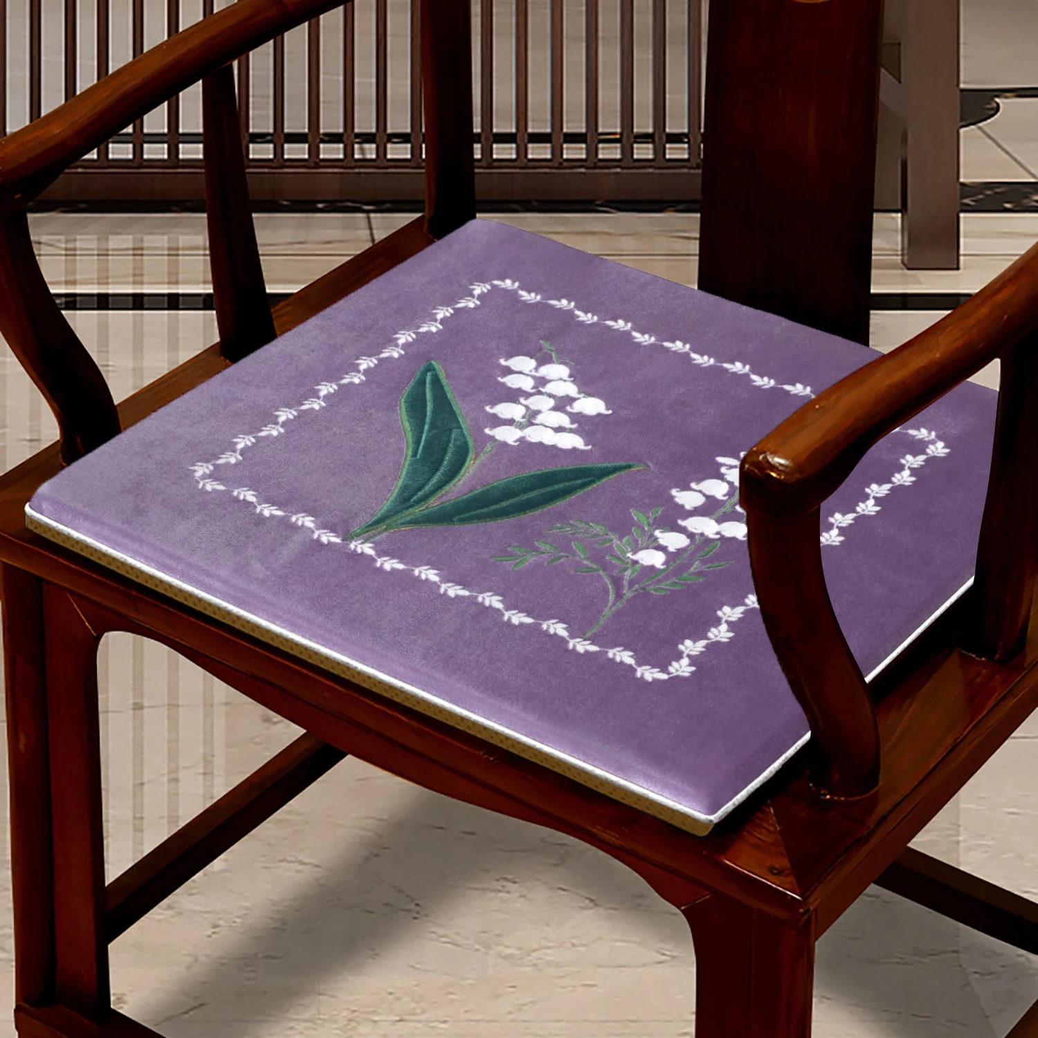 

Chinese Style Velvet Chair Pad Real Wood Dining Chair Cushion Flocking Bellflower Embroidery Living Room Circle Chair To...