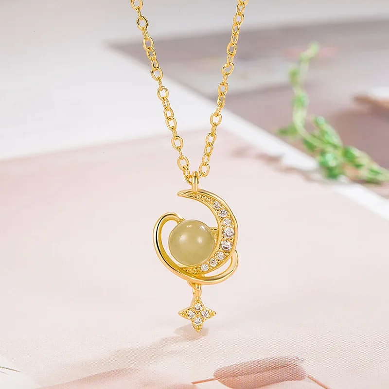 2024 New Trendy Originality Moon Jade Pendant Special Interest Light Luxury Design Classy High-Grade Clavicle Necklace for Lady