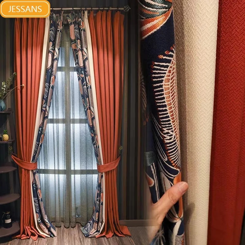 

New American Plant Printing Red Beige Stitching Thickened Curtains for Living Room Bedroom French Window Balcony Customized