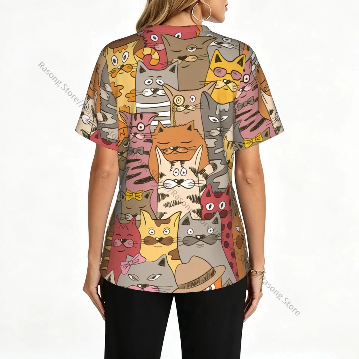 Psychedelic Funny Cats Abstract Background Scrubs tops medical uniforms women V Neck Stretch Scrub Shirt Dentist doctor Blouse