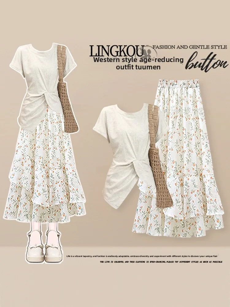 

Summer Gentle Wind plus Size Women's Set Design Sense Waist-Cinching T-Shirt with Vintage Floral Half-length Skirt Two-piece Set