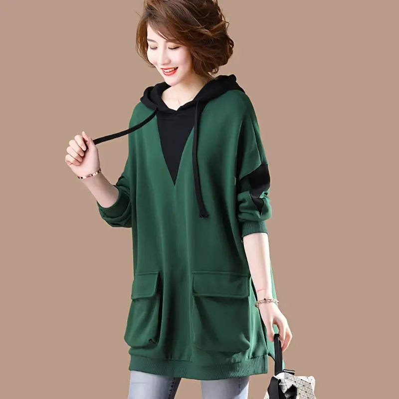 Vintage Thin Loose Hoodies Sweatshirts Spring Autumn Long Sleeve Pocket Patchwork Pullovers Tops Casual Fashion Women Clothing