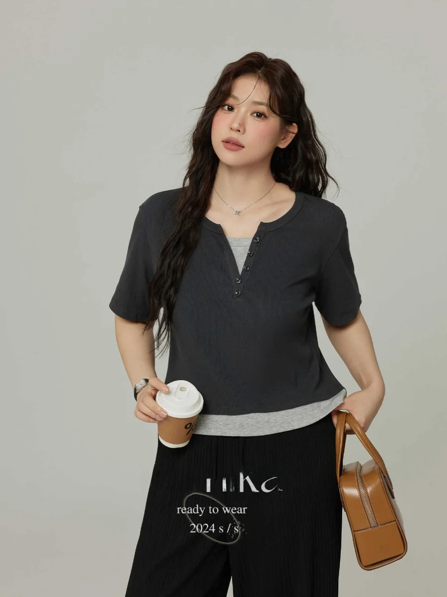 

plus Size Women's Summer V-Neck Slim Fit Short Sleeve Black T-Shirt Regular Shoulder Apparels Casual Commute Style Korean Ver...