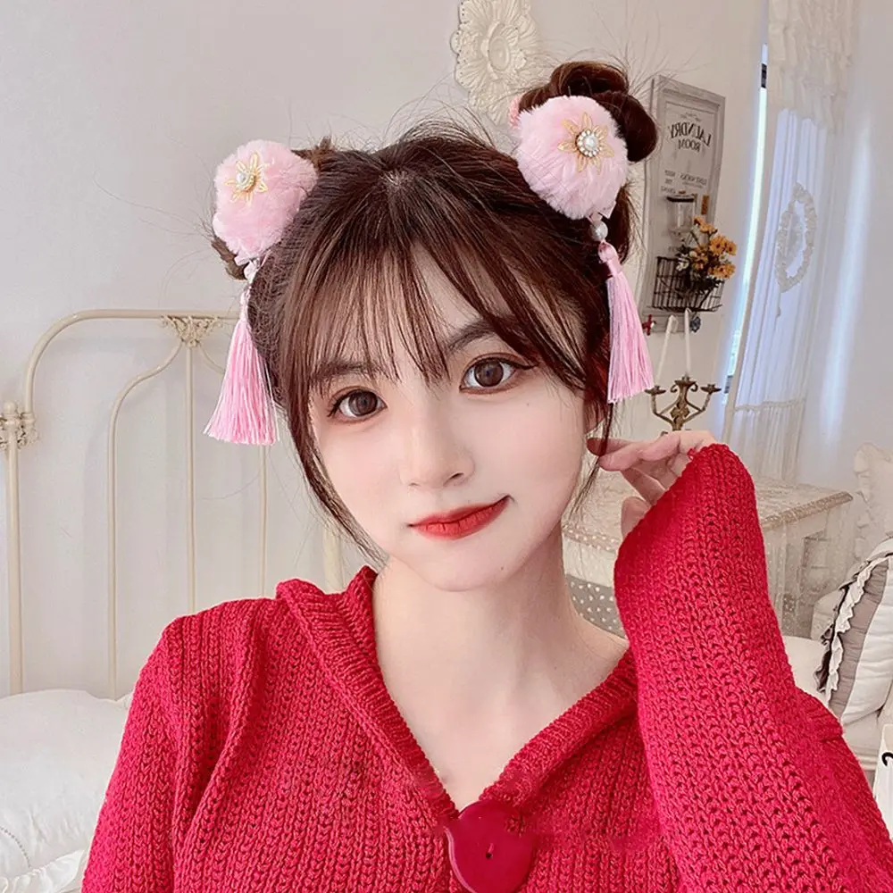 

Solid Color Cute Hairball Girls Antiquity Bowknot New Year Hair Accessories Children's Headwear Duckbill Clip Hair Rope