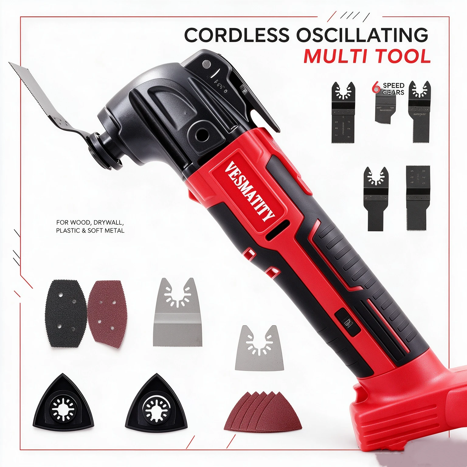 Fit 18V Battery Cordless Oscillating Multi Tool 6 Gears Trimmer Electric Cutting Saw Woodworking Sanding Scraping Power Tools