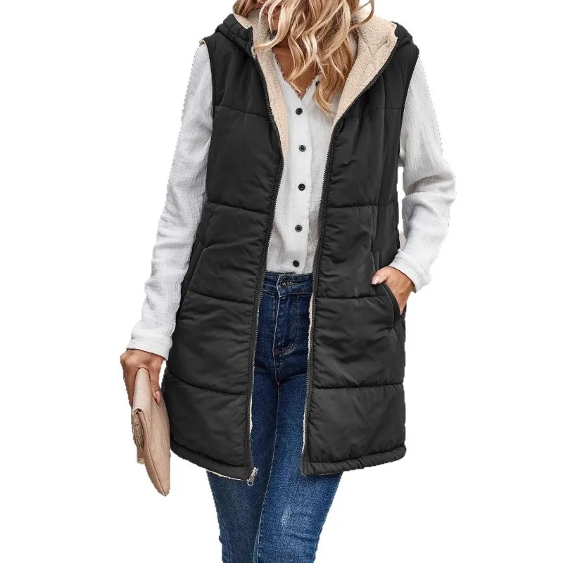 Women's Clothing Solid Warm Hooded Cotton Coat Vest Reversible Slim Elegant Cardigan Outerwear Vest Winter Clothes Women