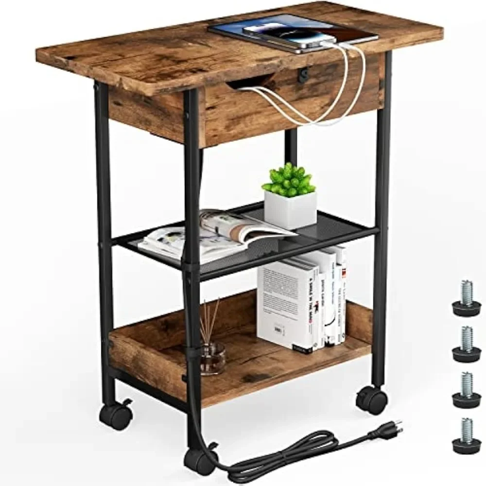 Table with Charging Station, Side Table Narrow Flip Top with Power Outlets & USB Ports, Storage Shelves for Small Spaces,