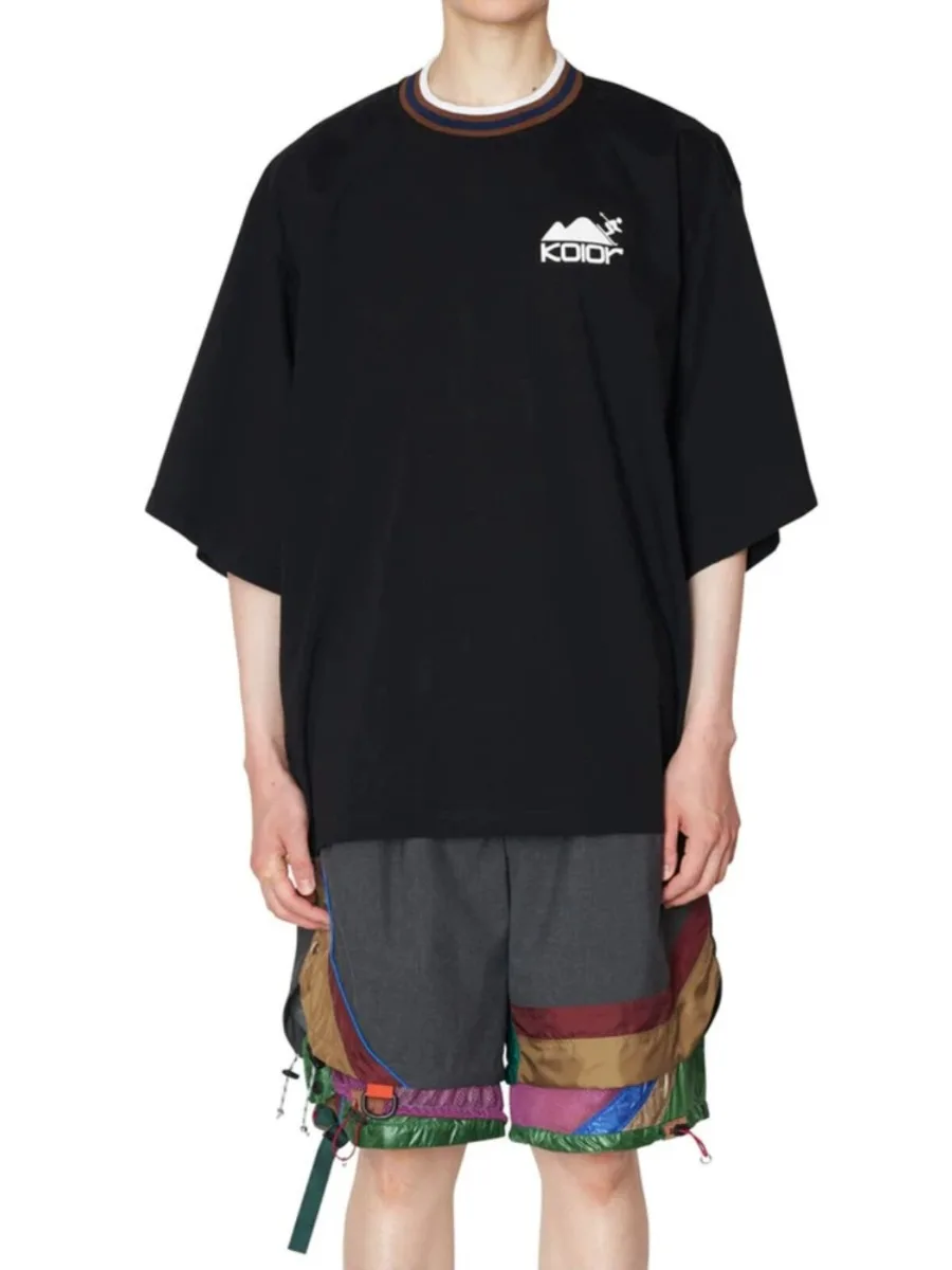 Kolor Japanese Trendy Letter Printed Black Short Sleeved T-shirt for Summer Men's Loose Casual Gray Top