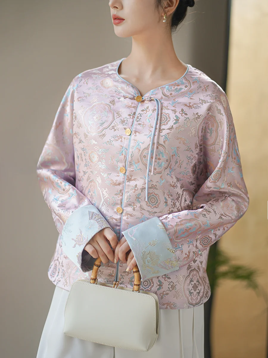

Новая китайская женская куртка-жакет с вышивкой, из парчи Сун, в стиле Тан, Ханьфу, верхняя одежда с круглым вырезом и одной пуговицей