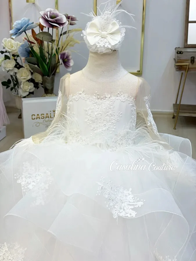 

Princess White Custom Flower Girl Dress For Wedding Full Sleeves with Bow Floor Lenght Kids Birthday Party First Communion Gown