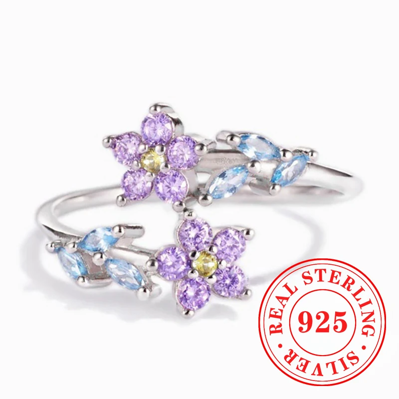 

Huitan Charm 925 Sterling Silver Opening Women Rings Trendy Colorful Flowers Designed Finger Accessories Fresh Girl Gift Jewelry