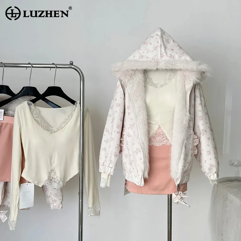 LUZHEN Floral Pattern Printed Fur Liner Warm Hooded Parka Coat Women's 2024 Winter Fashion Original Street Loose Jacket AA2757