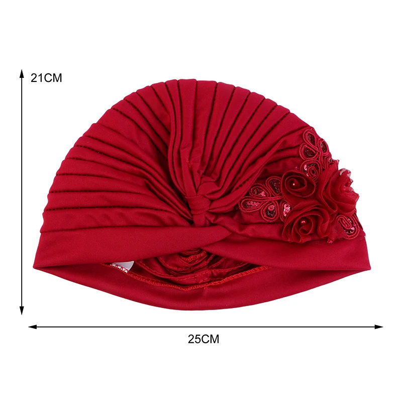 New Women Flower Embroidery Elegant Turban Hats Lightweight Elastic Head Wraps Pleated Headscarf Ramadan Beanies Chemo Cap