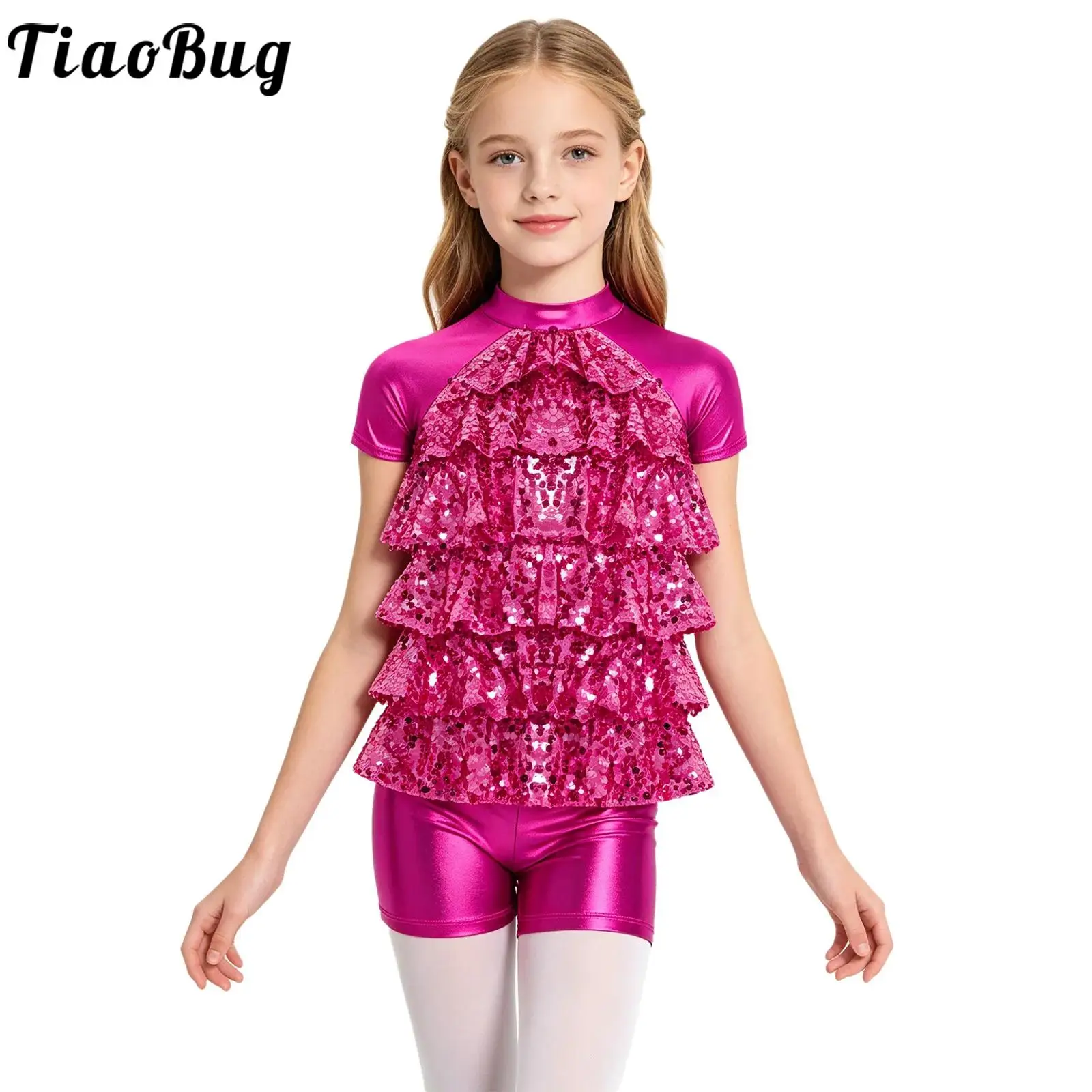 Kids Girls Jazz Modern Dance Performance Costume Metallic Short Sleeve Shiny Sequins Tiered Ruffle Cutout Back Top with Shorts