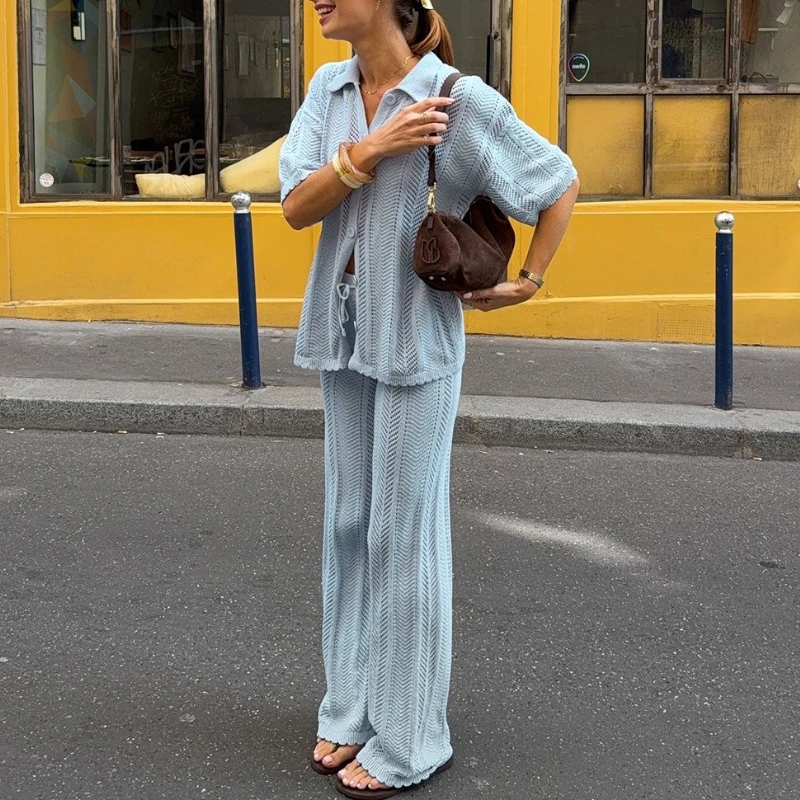 

TARUXY Knitted Cardigan Long Pants 2 Piece Set Women Spring Summer Openwork Button Top Lace Up Loose Trousers Casual Suit Female