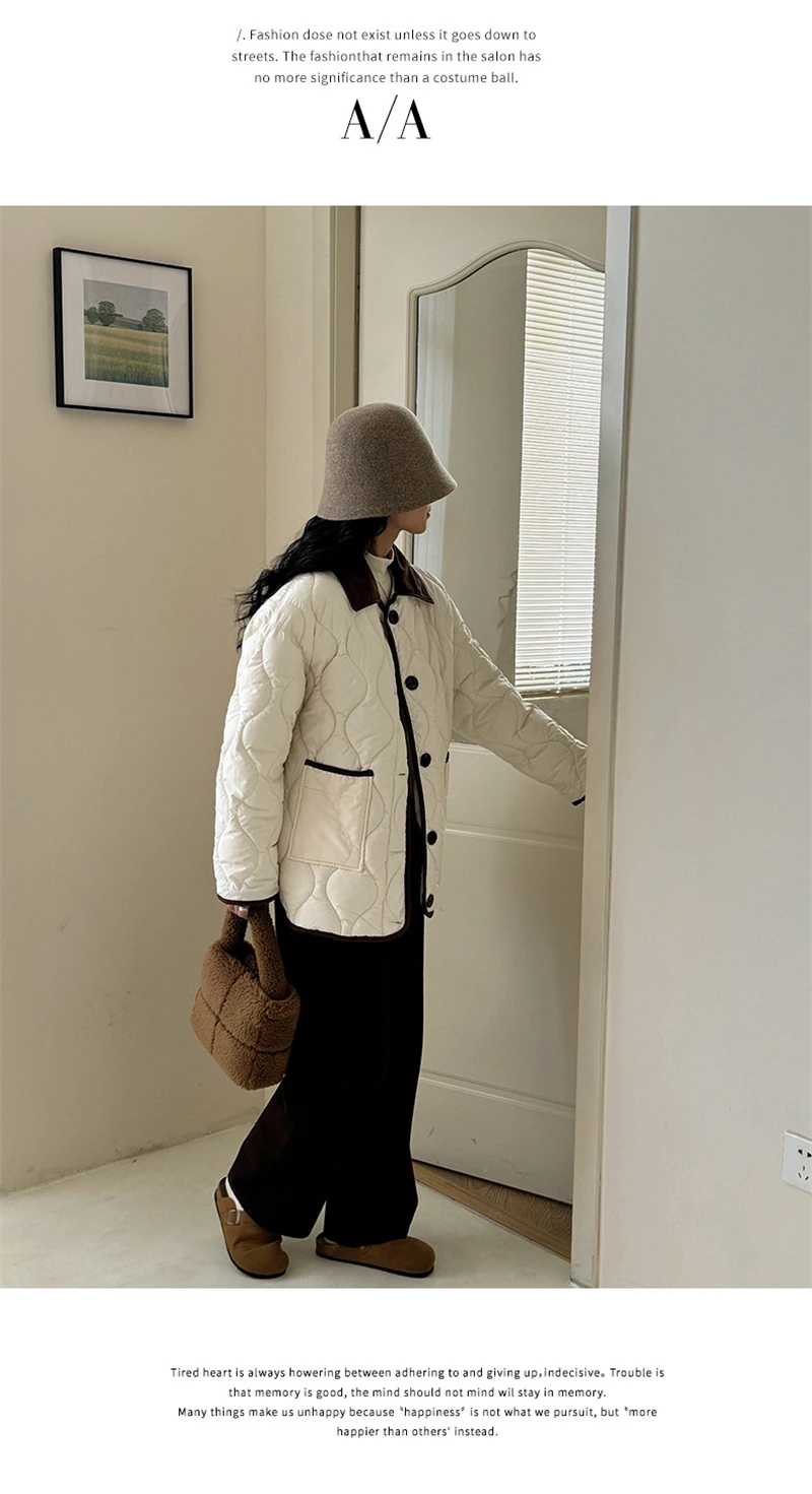 Autumn Down Cotton Padded Jacket Women's 2025 Contrast Lapel Rhombic Thin Short Loose Spring Cotton Padded Casual Coats Female